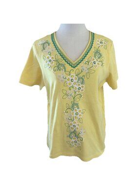 Alfred Dunner Floral Embroidered Tee Womens Size Yellow Beaded Colorful Spring